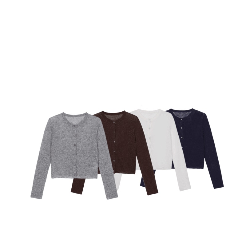Relaxed High-Quality Sheep Wool Round-Neck Spring Women's Thin Gray Knitted Cardigan Short Style Skin-Friendly Comfortable Simple Jacket