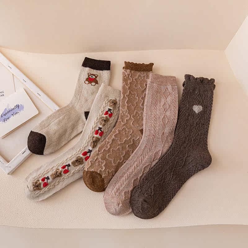21 years new winter floral wool socks women sweet bear warm thickened medium and long tube bubble socks women
