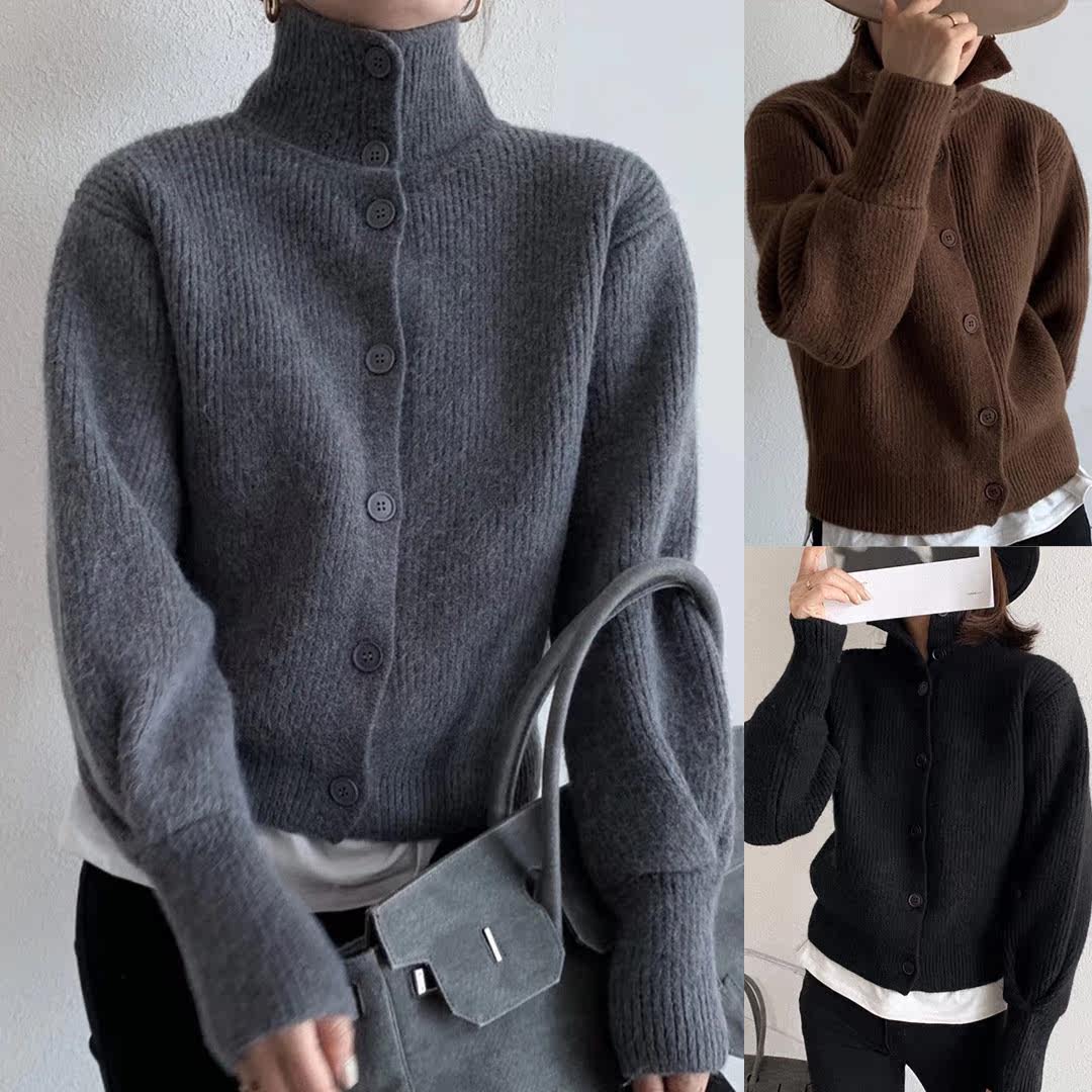 Fashion autumn and winter new simple solid color turtleneck single-breasted small sweater warm knitted sweater women's sweater thickening