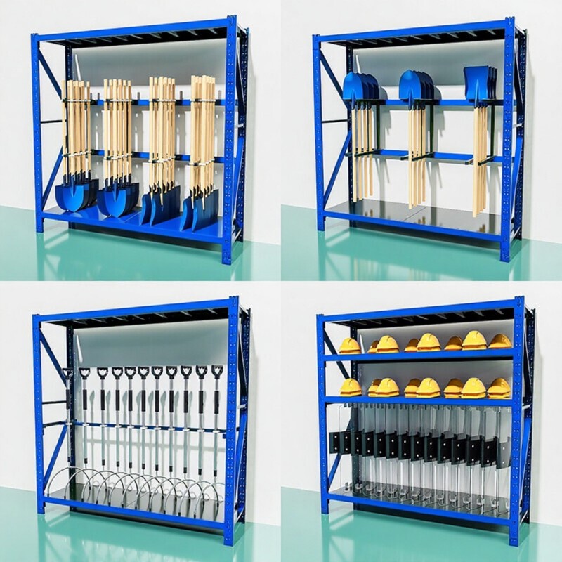 Blue Spade and Hoe Rack, Blue Shield Shelf, Tool Rack, Agricultural Tool Shelf, Steel Fork Rack, Material Rack, Clothing Rack, Hanging Rack