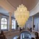 French light luxury glass staircase long chandelier Murano medieval atmosphere high-end living room empty villa duplex building