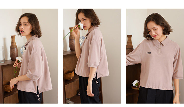 NH Naibo polo cổ áo lỏng lẻo của phụ nữ eo dây rút đèn lồng tay áo polo áo sơ mi letter in năm điểm tay áo T-Shirt áo thun dài tay nữ thu đông