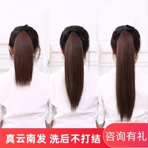 True hair ponytail wig female medium long strap short straight hair net red braid full real hair silk high ponytail natural