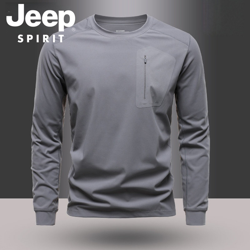 Jeep Spirit Long-Sleeved Round-Neck Sweatshirt for Men, Spring and Autumn Outdoor Zipper Pocket Sports Elastic Base Layer Shirt