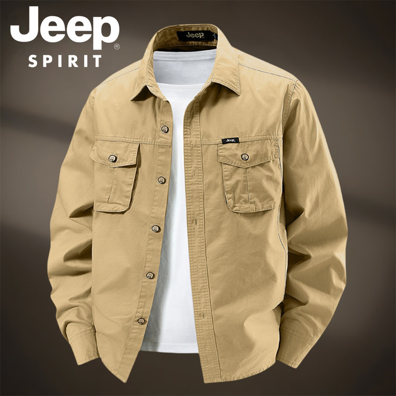 Jeep Spirit Pure Cotton Long-Sleeved Shirt Men's Spring and Autum Lapel Large Size Loose Casual Thin Shirt
