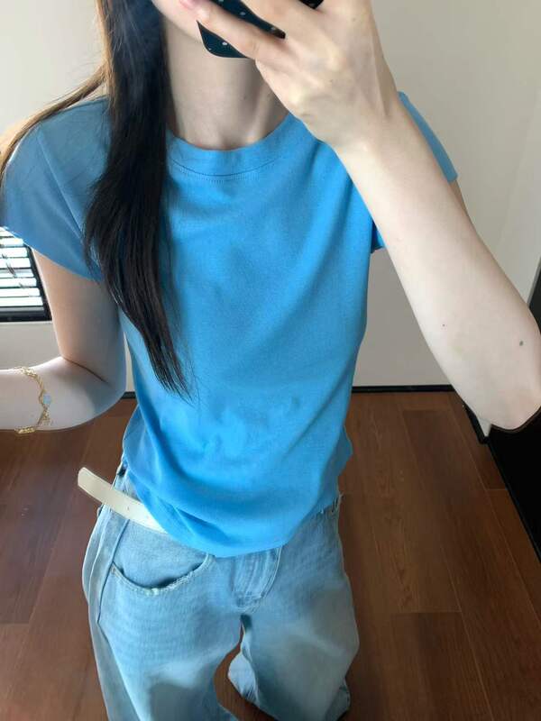Manshu New Model Ms2021 Korean Style Solid Color Round Neck Basic Pure Cotton Versatile T-Shirt Top