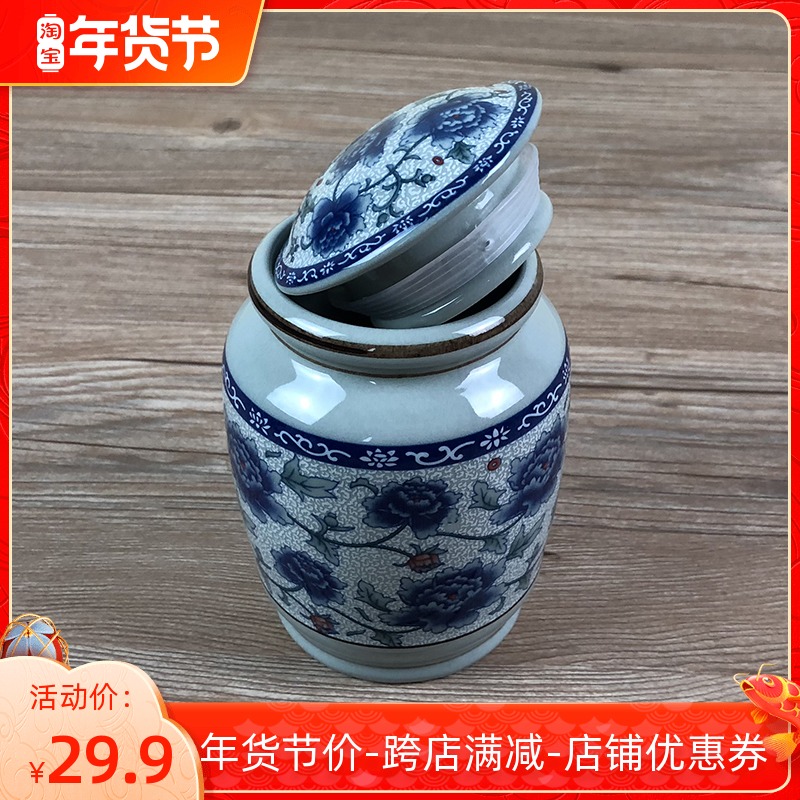 Ceramic sealed tank portable trumpet tea tank Chinese retro style tea jar blue and white porcelain household moisture-proof tea tank