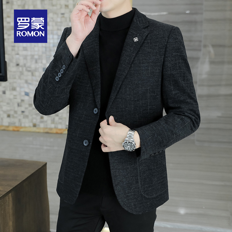Romon Men's Small Suit Jacket, Casual Autumn and Winter Business Suit, Middle-Aged Dad Suit, Men's Suit with Added Cotton
