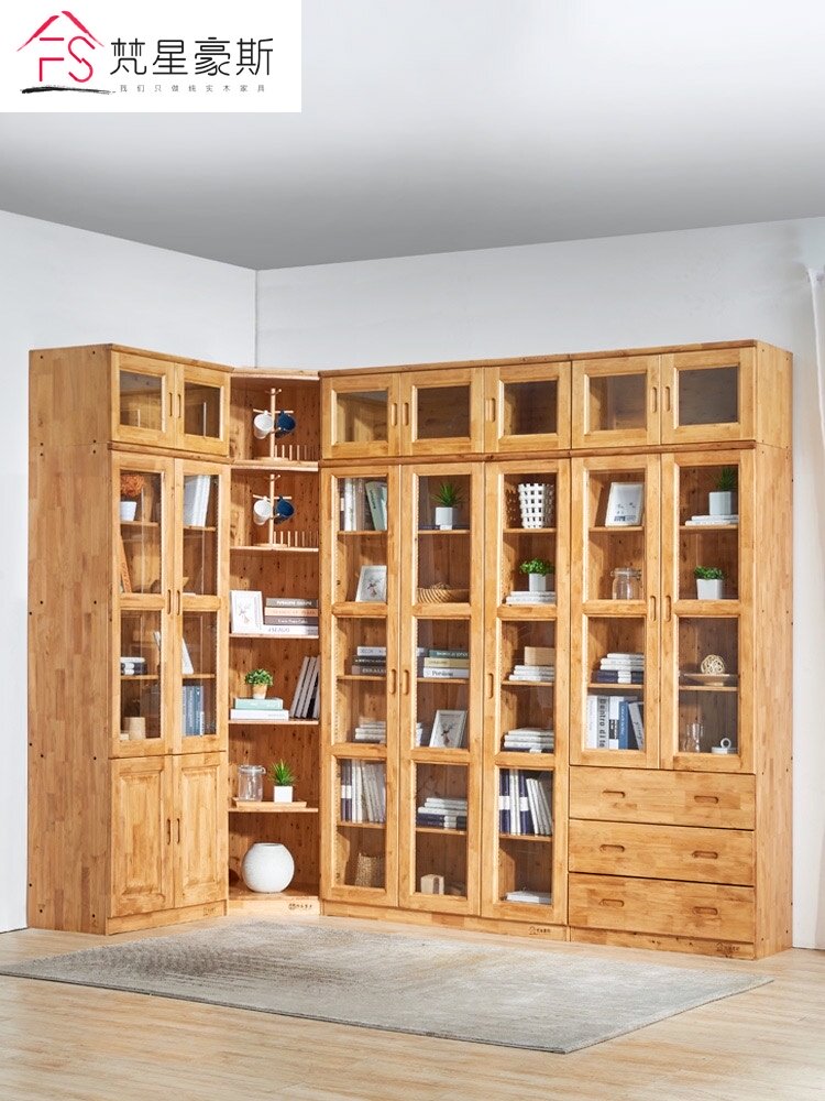 Cypress corner bookcase Solid wood bookcase storage cabinet combination with glass door Corner bookcase custom modern Chinese style