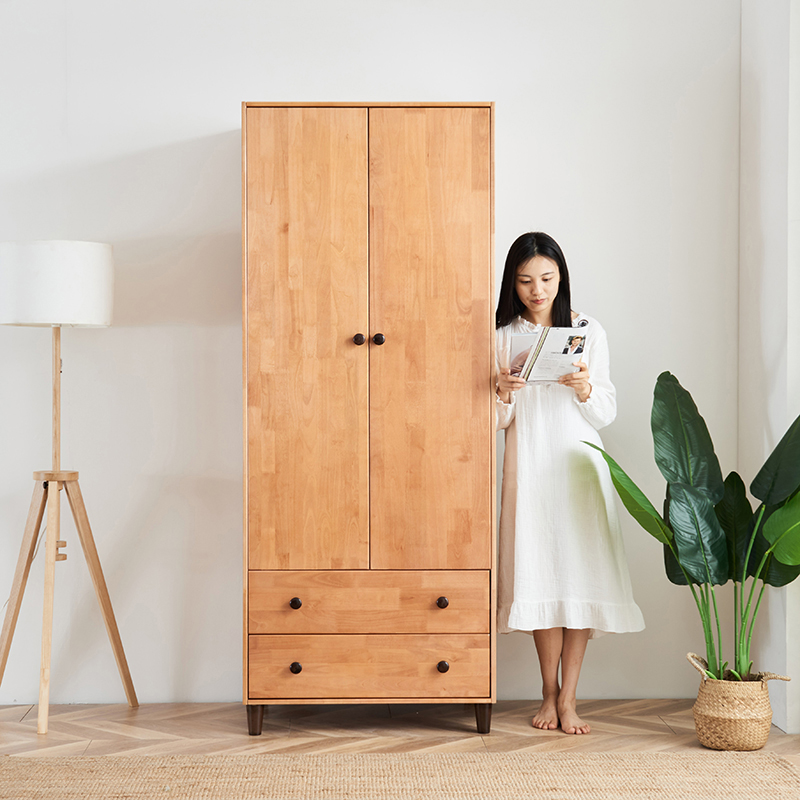 Japan-style Silence Wind All-wood Wardrobe Two Doors Nordic Birch Wood Household Bedrooms Small Family of drawers Closets