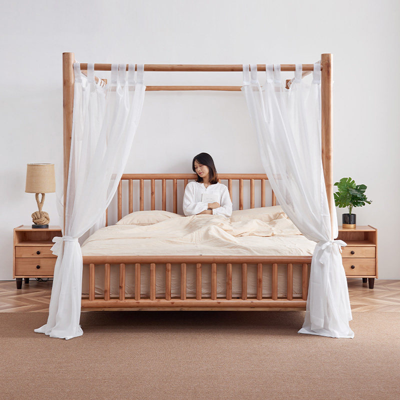 Log B&B bed cherry color original ecological four-post canopy bed Nordic net red Southeast Asian style bed birch bed