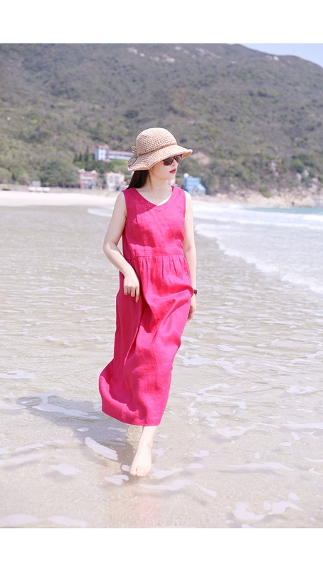 [Mùa Hè màu đỏ ~ Rose] mười mét gỗ gốc 2018 mùa hè mới du lịch nghệ thuật linen vest váy với một vành đai đầm hở lưng