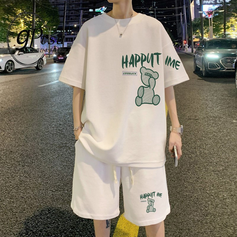 Japanese-Style Gp Trendy Youth Fashion Short-Sleeve and Shorts Set for Men, Summer Cotton Breathable Loose Loungewear