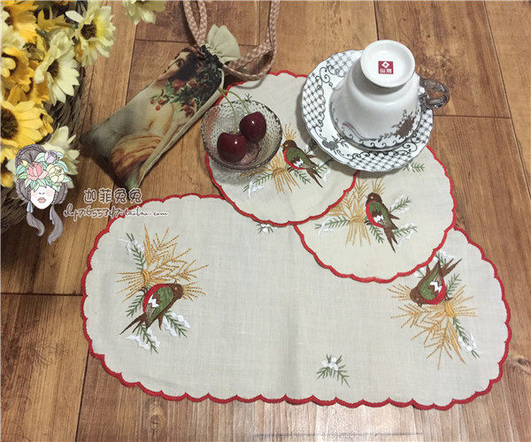 On November New * Foreign Trade Original Single Bud Valley Bird Thu Cotton Cotton Linen Machine Embroidered Rim Machine Embroidered Cushion Disc Mat Vase Mat