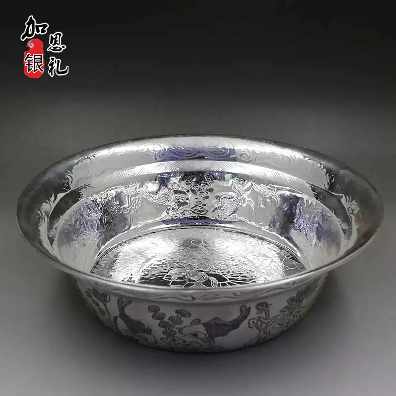 純銀手工浮雕臉盆999足銀大銀盆結婚陪嫁民族風年年有餘禮品