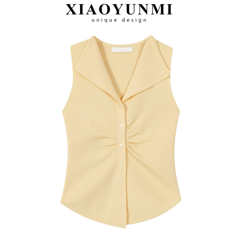 Breathable Yellow Knit Sleeveless Top, Elegant Women's Waist-Cinching Shirt, Looks Great When Worn Alone, T-Shirt Vest Breathable Yellow Knit Sleeveless Top, Elegant Women's Waist-Cinching Shirt, Looks Great When Worn Alone, T-Shirt Vest