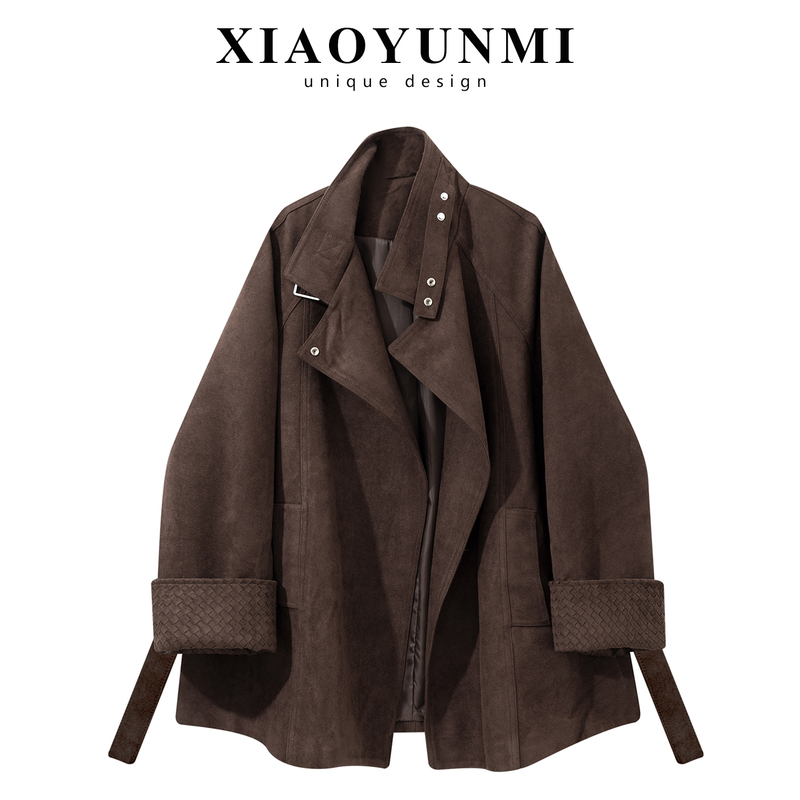 American-Style Melard Retro Coffee-Colored Suede Jacket for Women, Unique and Beautiful Early Autumn Mid-Length Waist-Cinching Trench Coat