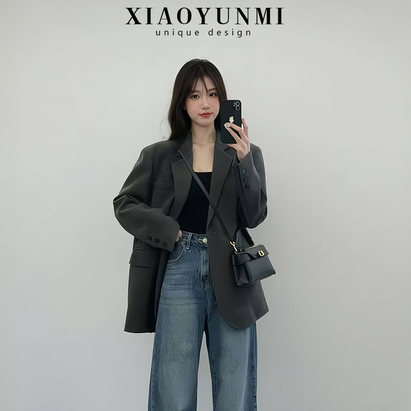 2026 Early Autumn Women's Blazer Korean Style Casual Suit for Petite Women Gray Top with a Mature and Trendy Look