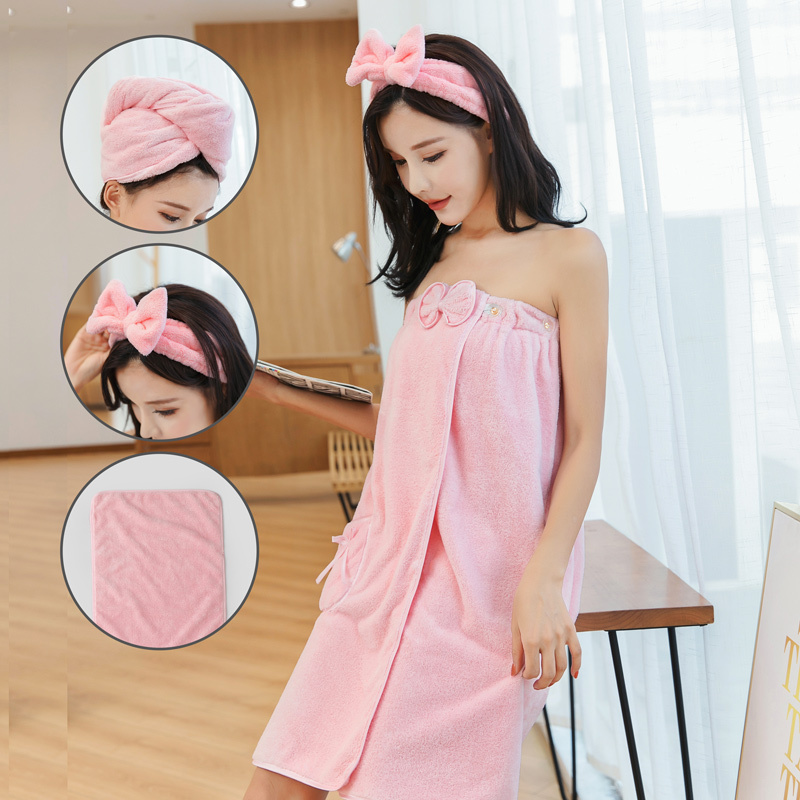 Summer ins Style Bath Towel for Women, Wearable and Wrapable, Non-Shedding, Sexy and Versatile Towel Three-Piece Set with Buttoned Tube Top Bathrobe
