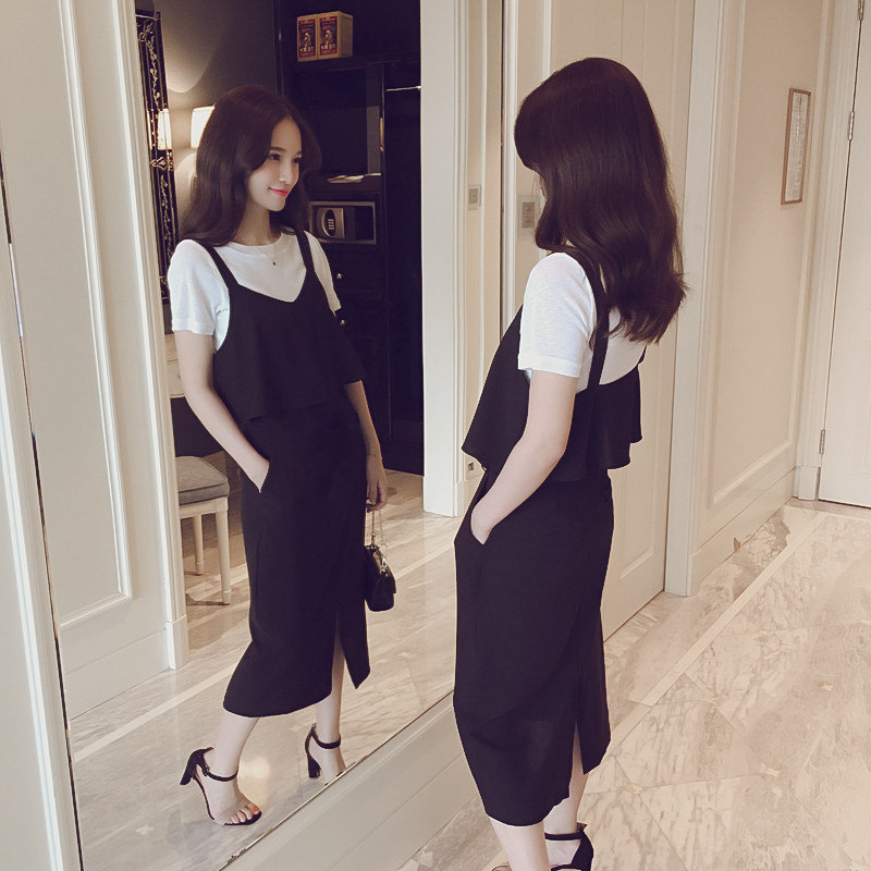 2017夏季新款韩版t恤连体裤裙裤套装时尚吊带九分裤显瘦两件套女