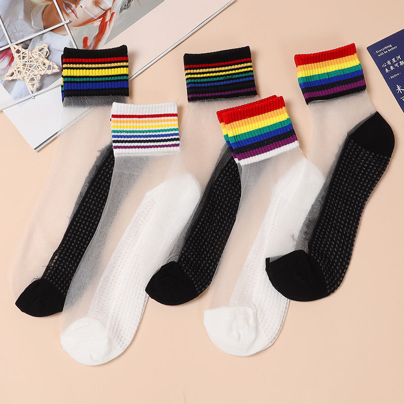 Summer Crystal Stockings Thin Rainbow Women's Mid-Calf Socks Long Socks Adult Glass Silk Internet Celebrity Summer Short Socks Women