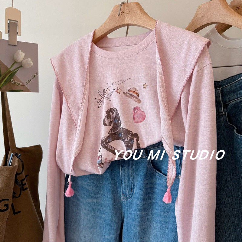 Korean Gentle Three-Color ~ Fun Pony Print Design with a Shawl, Comfortable, Breathable, Loose-Fitting Two-Piece T-Shirt Set for Women Korean Gentle Three-Color ~ Fun Pony Print Design with a Shawl, Comfortable, Breathable, Loose-Fitting Two-Piece T-Shirt Set for Women