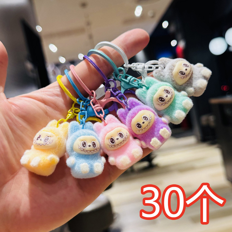 Internet-Famous Flocked Labubu Doll Keychain, Three-Dimensional Plush Toy Pendant, Kindergarten Children's Prize, Activity Small Gift
