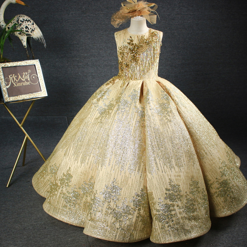 New Arrival Girls' Golden Long Heavy-Duty Formal Dress, Luxurious, Elegant, Suitable for Hosting, Catwalk, Performance, Banquet, Evening Dress