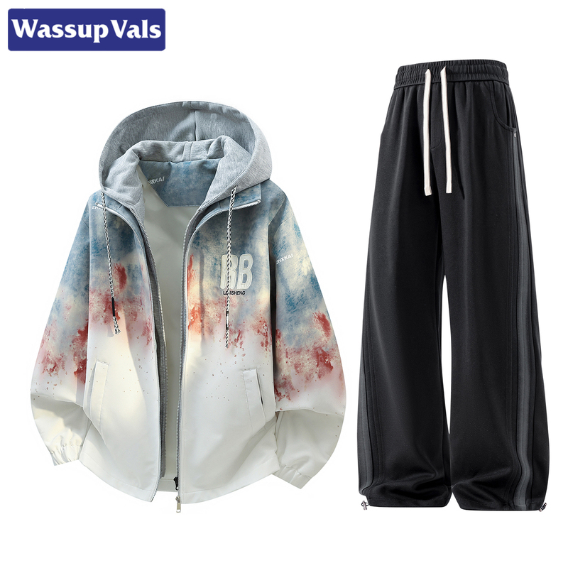 Wassup Vals American Trendy Brand Tie-Dye Gradient Fake Two-Piece Jacket for Men 2026 Autumn Large Size Hooded Suit