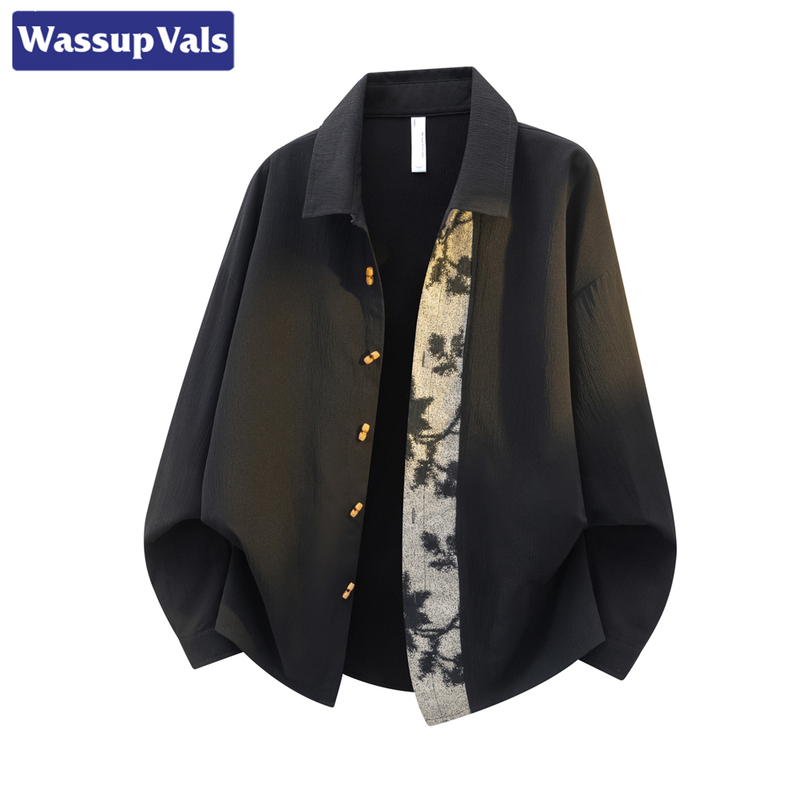 Wassup Vals New Chinese-Style Ink Painting Patchwork Long-Sleeve Shirt for Men, Autumn New Large-Size Turn-Down Collar Shirt Jacket Wassup Vals New Chinese-Style Ink Painting Patchwork Long-Sleeve Shirt for Men, Autumn New Large-Size Turn-Down Collar Shirt Jacket