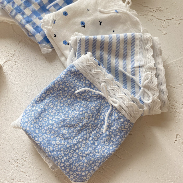 Summer starry sky blue ~ 5 pieces of floral plaid stripes small blue fresh mid-waist briefs bow underwear cotton underwear