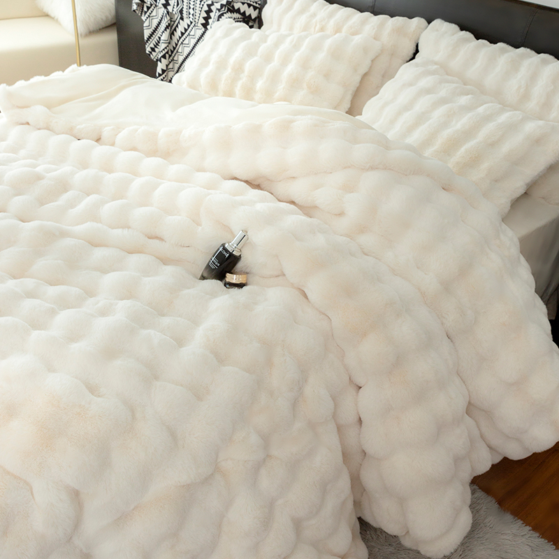 Princess Wind Rabbit Rabbit Suede Bed Four Pieces Of Milk Suede Winter Coral Plus Quilt Cover White Flange Plush Sheet-Taobao