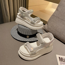  Net red thick-soled rhinestone sandals womens 2021 summer all-match high-heeled muffin casual sports beach soft-soled leather shoes
