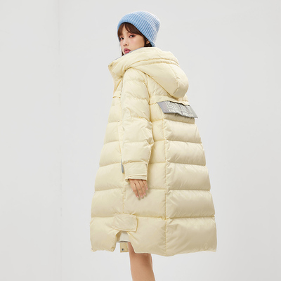 【高梵】撞色长款保暖连帽羽绒服外套