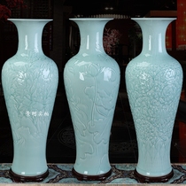 Jingdezhen ceramic powder celadon carved peony lotus landing large vase hotel furnishings home living room ornaments