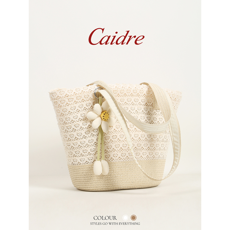 Caidre French Lace Floral Straw Bag Women's Vacation Style Woven Tote Bag Seaside Beach Shoulder Underarm Bag