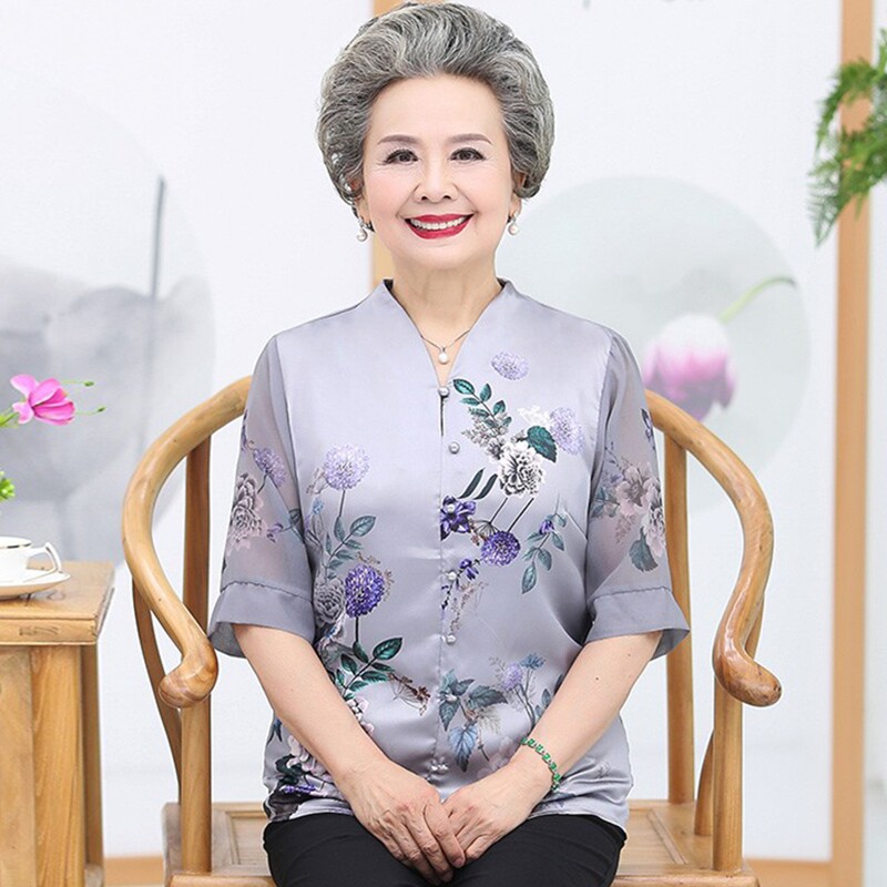 Hengyuan Xiang Grandma Summer dressed silk shirt two sets 60 years old 70 middle - aged woman mom Sansilk tops