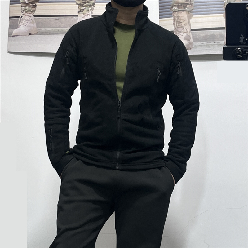 Spring and Autumn Men's Outdoor Tactical Fleece Jacket Warm Polar Fleece Cardigan Jacket with Elastic Slim Fit Inner Lining Black