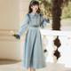 Republic of China style doll collar embroidered skirt mid-length blue retro beautiful dress with tie stitching over the knee spring and autumn dress