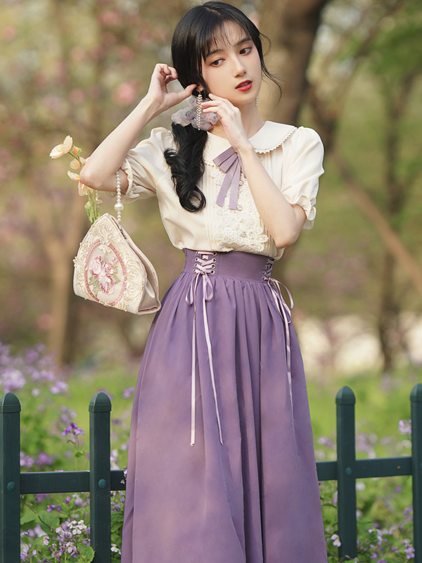 Dust of Love Purple Suit Skirt Elastic Waist Light Lolita Daily Dress Student Skirt Two-Piece Set Sweet Summer