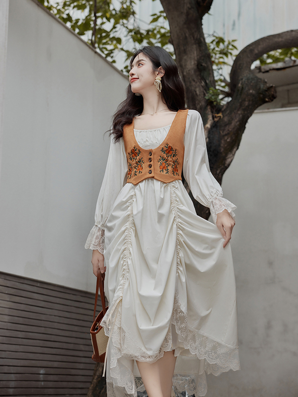 Chenyuanqu Spring French Fashion Retro Medieval Victorian Suit Skirt Vest Girl Dress