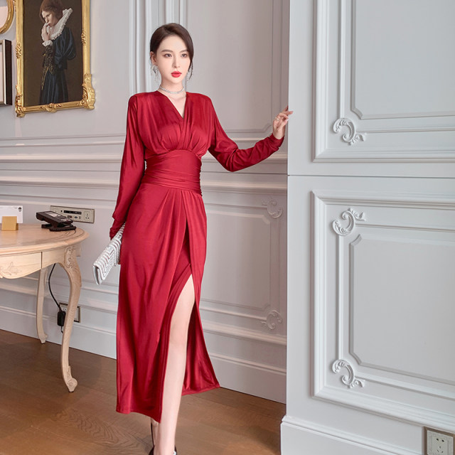 Spring and Autumn Dress Benming Year Red Long Sleeve High Waist V Neck Dress Mature Feminine Royal Sister Style Small Split Skirt