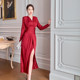 Spring and Autumn Dress Benming Year Red Long Sleeve High Waist V Neck Dress Mature Feminine Royal Sister Style Small Split Skirt