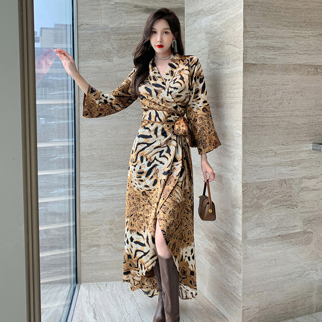 Retro temperament print wrap body-covering dress high-waisted women's autumn thin split light mature style feminine long skirt