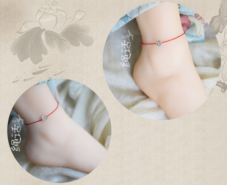 Thắt nút ước nguyện của vòng tay dây đỏ nữ dây đan tay đơn giản đời này năm chân dây chuyền vòng chân vận chuyển trang sức đỏ mỹ - Vòng chân lắc chân bạc