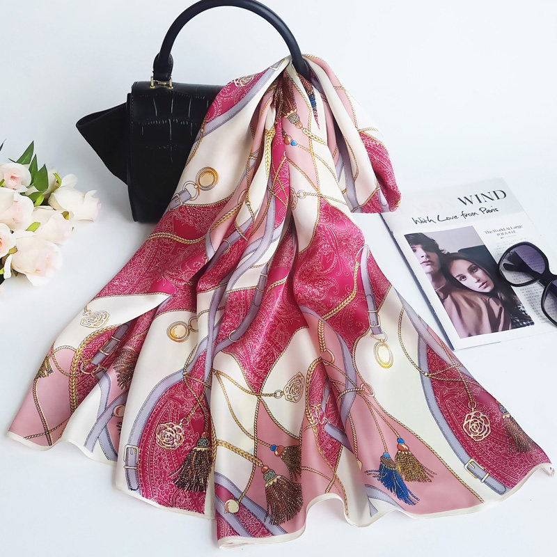 European and American high-end satin red printed silk scarf 100% mulberry silk silk scarf plain crepe satin Hangzhou silk shawl