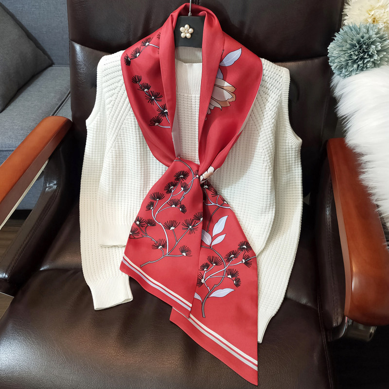 Spring and autumn silk twill silk scarf red double-sided scarf mulberry silk scarf decorative narrow strip decorative narrow scarf