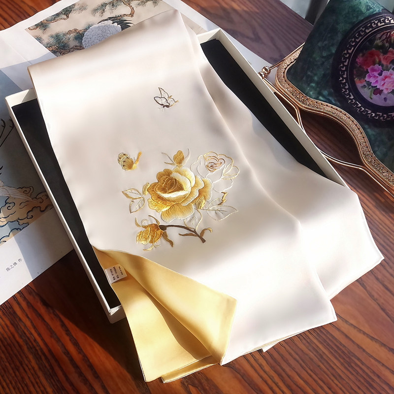 Chinese style high-grade peony heavy silk scarf double-sided female mulberry silk shawl mother hand embroidered silk scarf
