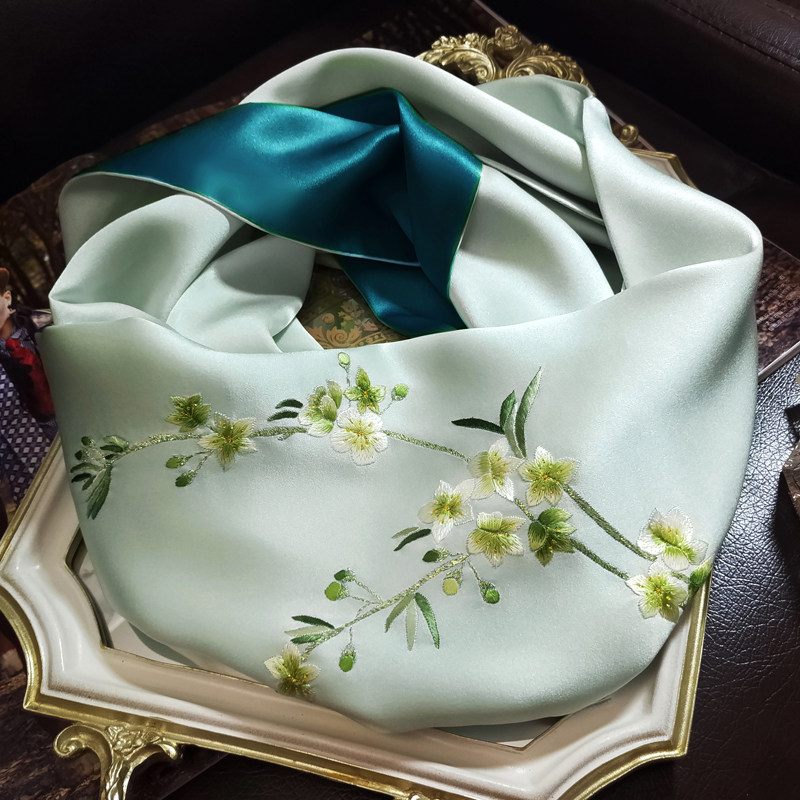 Lengthened piece of green Su embroidery genuine silk scarf embroidery mulberry silk scarlet Hangzhou Silk Little shawl mother's daughter