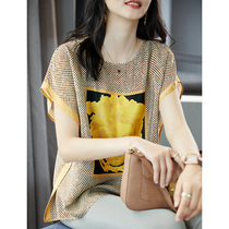 Baoshili mulberry silk printing short-sleeved t-shirt womens 2021 summer new tide foreign style bat sleeve silk top